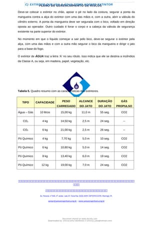 PLANO DE GERENCIAMENTO DE RISCOS
C) EXTINTOR QUE USA A ÁGUA COMO AGENTE EXTINTOR
Deve-se colocar o extintor no chão, apoiar o pé no lado da costura, segurar a ponta da
mangueira contra a alça do extintor com uma das mãos e, com a outra, abrir a válvula do
cilindro externo. A ponta da mangueira deve ser segurada com o bico, voltado em direção
oposta ao operador. Outro cuidado é livrar o corpo e a cabeça da válvula de segurança
existente na parte superior do extintor.
No momento em que o líquido começar a sair pelo bico, deve-se segurar o extintor pela
alça, com uma das mãos e com a outra mão segurar o bico da mangueira e dirigir o jato
para a base do fogo.
O extintor de ÁGUA traz a letra ‘A’ no seu rótulo. Isso indica que ele se destina a incêndios
da Classe A, ou seja, em madeira, papel, vegetação, etc.
Tabela 5. Quadro resumo com as características dos extintores.
TIPO CAPACIDADE PESO
CARREGADO
ALCANCE
DO JATO
DURAÇÃO
DO JATO
GÁS
PROPULSO
Água – Gás 10 litros 15,00 kg 11,0 m 55 seg. CO2
CO2 4 kg 14,50 kg 2,5 m 24 seg. --
CO2 6 kg 21,00 kg 2,5 m 26 seg. --
Pó Químico 4 kg 7,70 kg 5,0 m 10 seg. CO2
Pó Químico 6 kg 10,80 kg 5,0 m 14 seg. CO2
Pó Químico 8 kg 13,40 kg 6,0 m 19 seg. CO2
Pó Químico 12 kg 19,00 kg 7,0 m 24 seg. CO2



Av. Paraná, nº504, 4º andar, sala 47, fone/fax 3226.3349, CEP 87013-070, Maringá, Pr.
sanear@sanearengenharia.eng.br – www.sanearengenharia.eng.br
Document shared on www.docsity.com
Downloaded by: vinicius-artur-dambroso-2 (vinicius_juba@hotmail.com)
 