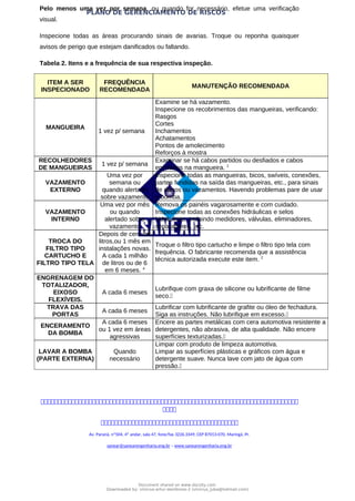 PLANO DE GERENCIAMENTO DE RISCOS
Pelo menos uma vez por semana, ou quando for necessário, efetue uma verificação
visual.
Inspecione todas as áreas procurando sinais de avarias. Troque ou reponha quaisquer
avisos de perigo que estejam danificados ou faltando.
Tabela 2. Itens e a frequência de sua respectiva inspeção.
ITEM A SER
INSPECIONADO
FREQUÊNCIA
RECOMENDADA
MANUTENÇÃO RECOMENDADA
MANGUEIRA
1 vez p/ semana
Examine se há vazamento.
Inspecione os recobrimentos das mangueiras, verificando:
Rasgos
Cortes
Inchamentos
Achatamentos
Pontos de amolecimento
Reforços à mostra
RECOLHEDORES
DE MANGUEIRAS
1 vez p/ semana
Examinar se há cabos partidos ou desfiados e cabos
enrolados na mangueira. 1
VAZAMENTO
EXTERNO
Uma vez por
semana ou
quando alertado
sobre vazamento
Inspecione todas as mangueiras, bicos, swíveis, conexões,
partes fundidas na saída das mangueiras, etc., para sinais
de danos ou vazamentos. Havendo problemas pare de usar
a bomba.
VAZAMENTO
INTERNO
Uma vez por mês
ou quando
alertado sobre
vazamento
Remova os painéis vagarosamente e com cuidado.
Inspecione todas as conexões hidráulicas e selos
hidráulicos, incluindo medidores, válvulas, eliminadores,
separadores, etc.
TROCA DO
FILTRO TIPO
CARTUCHO E
FILTRO TIPO TELA
Depois de cem mil
litros,ou 1 mês em
instalações novas.
A cada 1 milhão
de litros ou de 6
em 6 meses. 4
Troque o filtro tipo cartucho e limpe o filtro tipo tela com
frequência. O fabricante recomenda que a assistência
técnica autorizada execute este item. 2
ENGRENAGEM DO
TOTALIZADOR,
EIXOSO
FLEXÍVEIS.
A cada 6 meses
Lubrifique com graxa de silicone ou lubrificante de filme
seco.
TRAVA DAS
PORTAS
A cada 6 meses
Lubrificar com lubrificante de grafite ou óleo de fechadura.
Siga as instruções. Não lubrifique em excesso.
ENCERAMENTO
DA BOMBA
A cada 6 meses
ou 1 vez em áreas
agressivas
Encere as partes metálicas com cera automotiva resistente a
detergentes, não abrasiva, de alta qualidade. Não encere
superfícies texturizadas.
LAVAR A BOMBA
(PARTE EXTERNA)
Quando
necessário
Limpar com produto de limpeza automotiva.
Limpar as superfícies plásticas e gráficos com água e
detergente suave. Nunca lave com jato de água com
pressão.



Av. Paraná, nº504, 4º andar, sala 47, fone/fax 3226.3349, CEP 87013-070, Maringá, Pr.
sanear@sanearengenharia.eng.br – www.sanearengenharia.eng.br
Document shared on www.docsity.com
Downloaded by: vinicius-artur-dambroso-2 (vinicius_juba@hotmail.com)
 
