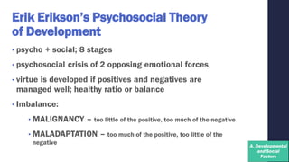 Erik Erikson’s Psychosocial Theory
of Development
• psycho + social; 8 stages
• psychosocial crisis of 2 opposing emotional forces
• virtue is developed if positives and negatives are
managed well; healthy ratio or balance
• Imbalance:
• MALIGNANCY – too little of the positive, too much of the negative
• MALADAPTATION – too much of the positive, too little of the
negative
 