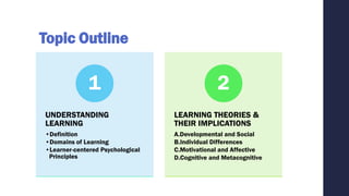 Topic Outline
UNDERSTANDING
LEARNING
•Definition
•Domains of Learning
•Learner-centered Psychological
Principles
1
LEARNING THEORIES &
THEIR IMPLICATIONS
A.Developmental and Social
B.Individual Differences
C.Motivational and Affective
D.Cognitive and Metacognitive
2
 