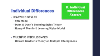 Individual Differences
• LEARNING STYLES
 VAK Model
 Dunn & Dunn’s Learning Styles Theory
 Honey & Mumford Learning Styles Model
• MULTIPLE INTELLIGENCES
 Howard Gardner’s Theory on Multiple Intelligences
 