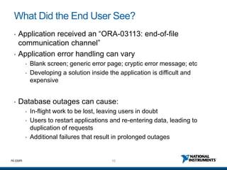 10ni.com
What Did the End User See?
• Application received an “ORA-03113: end-of-file
communication channel”
• Application error handling can vary
• Blank screen; generic error page; cryptic error message; etc
• Developing a solution inside the application is difficult and
expensive
• Database outages can cause:
• In-flight work to be lost, leaving users in doubt
• Users to restart applications and re-entering data, leading to
duplication of requests
• Additional failures that result in prolonged outages
 