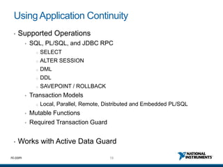 19ni.com
UsingApplication Continuity
• Supported Operations
• SQL, PL/SQL, and JDBC RPC
o SELECT
o ALTER SESSION
o DML
o DDL
o SAVEPOINT / ROLLBACK
• Transaction Models
o Local, Parallel, Remote, Distributed and Embedded PL/SQL
• Mutable Functions
• Required Transaction Guard
• Works with Active Data Guard
 