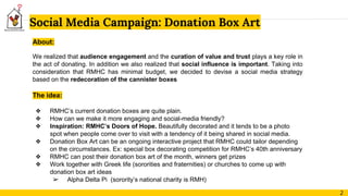 About:
We realized that audience engagement and the curation of value and trust plays a key role in
the act of donating. In addition we also realized that social influence is important. Taking into
consideration that RMHC has minimal budget, we decided to devise a social media strategy
based on the redecoration of the cannister boxes
The idea:
❖ RMHC’s current donation boxes are quite plain.
❖ How can we make it more engaging and social-media friendly?
❖ Inspiration: RMHC’s Doors of Hope. Beautifully decorated and it tends to be a photo
spot when people come over to visit with a tendency of it being shared in social media.
❖ Donation Box Art can be an ongoing interactive project that RMHC could tailor depending
on the circumstances. Ex: special box decorating competition for RMHC’s 40th anniversary
❖ RMHC can post their donation box art of the month, winners get prizes
❖ Work together with Greek life (sororities and fraternities) or churches to come up with
donation box art ideas
➢ Alpha Delta Pi (sorority’s national charity is RMH)
Social Media Campaign: Donation Box Art
2
 