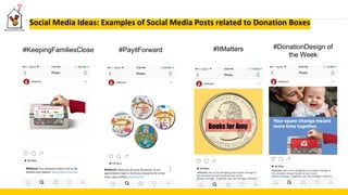 Social Media Ideas: Examples of Social Media Posts related to Donation Boxes
#KeepingFamiliesClose #PayitForward
Rmhccni Your donation means a lot to the
families and children .#keepingfamiliesclose
Rmhccni Thank you for your donations, as our
appreciation trade in 10 of your brooches for a free
fries/ coke at MCD.#payitforward
#DonationDesign of
the Week
#ItMatters
Books for Amy
 