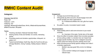RMHC Content Audit:
Instagram:
Overview: from 5/7/16
Posts: 467
Followers: 1,919
Following: 753
Hashtags: #KeepingFamiliesClose, #rmhc, #NationalVolunteerWeek,
#RMHCVolunteer, #Poptabs
Topics:
● Thanking volunteers: National Volunteer Week
● Sharing stories of kids and families- fun events, interesting
stories
● Promoting events and donation opportunities- infrequent, no
pattern to it
● Topical events/holidays: Earth Day, May the Fourth be with you,
Chicago Marathon, Giving Tuesday, Holiday Season, Mother’s
Day
Engagement:
● Average around 25-30 likes per post
● Infrequently tag other accounts, should engage more with
specific families and other organizations
○ Ex. Professional athletes who visit, gifts from teams,
etc.
● No pattern to posts, inconsistent week to week
Recommendation:
● Adopt weekly posts to add some structure to your social
schedule
○ Ex. Volunteer of the week, Family story of the week
● Show the effect of donation dollars! Give concrete examples
of how putting a dollar in a donation box can impact lives
● Engage specific families- tag mom’s instagram accounts,
regram posts from family accounts, birthday shout outs
● Keep promoting around family specific holidays and make it
a donation opportunity
○ Mother’s day was great! Why not tie it to Siblings
Day?
○ Look at random holidays and engage on social for
relevant days
 