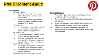 RMHC Content Audit:
Recommendations:
● Pinterest is a great place to connect with your primary
beneficiaries- Mom’s at the house
● Get them to follow you for ideas of crafts and little pick me
ups (quotes)
● As you earn followers within the RMHC community, you
will also be able to expand through their networks
● Focus on the pins that people will use to keep the
organization top of mind with a few donation related posts
in there as well
● Pinterest Boards:
○ Craft Ideas- 13 pins
■ This fits very well with the theme around
children. Pinterest is a great way to get
moms involved.
■ Idea: include pictures of crafts that were
done at the house to show what donation
dollars can do for families
○ Fun Finds- 5 pins
■ I’m not sure what the focus of this board is. I
think you need to make it a little more
defined and then expand from there
○ Red Shoes- 7 pins
■ It’s a cute idea but there’s not a ton you can
do with it past what is already there
■ Idea: have a red shoe campaign to promote
awareness. Then show case some pictures
of people in their red shoes on this board
○ Recycle with Ronald- 8 pins
■ This is a great concept since it show cases
an easy way to get involved and donate.
■ Incorporate more about ways to give in the
effects of donations
○ Countdown Around Town- this board is empty
 