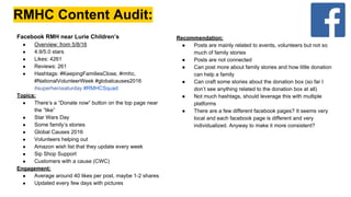 RMHC Content Audit:
Recommendation:
● Posts are mainly related to events, volunteers but not so
much of family stories
● Posts are not connected
● Can post more about family stories and how little donation
can help a family
● Can craft some stories about the donation box (so far I
don’t see anything related to the donation box at all)
● Not much hashtags, should leverage this with multiple
platforms
● There are a few different facebook pages? It seems very
local and each facebook page is different and very
individualized. Anyway to make it more consistent?
Facebook RMH near Lurie Children’s
● Overview: from 5/8/16
● 4.9/5.0 stars
● Likes: 4261
● Reviews: 261
● Hashtags: #KeepingFamiliesClose, #rmhc,
#NationalVolunteerWeek #globalcauses2016
#superherosaturday #RMHCSquad
Topics:
● There’s a “Donate now” button on the top page near
the “like”
● Star Wars Day
● Some family’s stories
● Global Causes 2016
● Volunteers helping out
● Amazon wish list that they update every week
● Sip Shop Support
● Customers with a cause (CWC)
Engagement:
● Average around 40 likes per post, maybe 1-2 shares
● Updated every few days with pictures
 