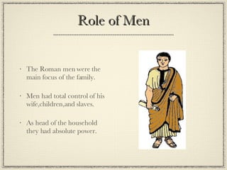 Role of Men The Roman men were the main focus of the family. Men had total control of his wife,children,and slaves. As head of the household they had absolute power. 
