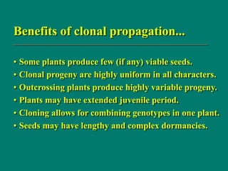 Benefits of clonal propagation...
• Some plants produce few (if any) viable seeds.
• Clonal progeny are highly uniform in ...