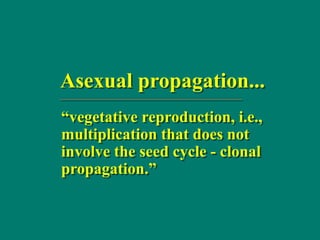 Asexual propagation...
“vegetative reproduction, i.e.,
multiplication that does not
involve the seed cycle - clonal
propagation.”
 