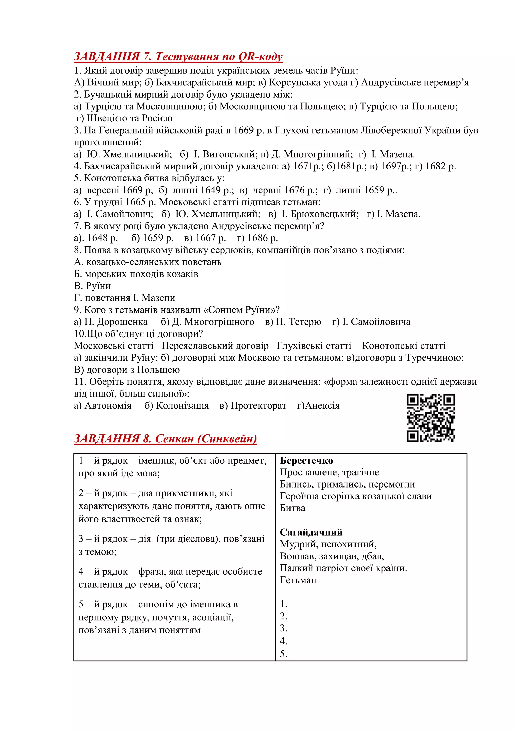 ЗАВДАННЯ 7. Тестування по QR-коду
1. Який договір завершив поділ українських земель часів Руїни:
А) Вічний мир; б) Бахчисарайський мир; в) Корсунська угода г) Андрусівське перемир’я
2. Бучацький мирний договір було укладено між:
а) Турцією та Московщиною; б) Московщиною та Польщею; в) Турцією та Польщею;
г) Швецією та Росією
3. На Генеральній військовій раді в 1669 р. в Глухові гетьманом Лівобережної України був
проголошений:
а) Ю. Хмельницький; б) І. Виговський; в) Д. Многогрішний; г) І. Мазепа.
4. Бахчисарайський мирний договір укладено: а) 1671р.; б)1681р.; в) 1697р.; г) 1682 р.
5. Конотопська битва відбулась у:
а) вересні 1669 р; б) липні 1649 р.; в) червні 1676 р.; г) липні 1659 р..
6. У грудні 1665 р. Московські статті підписав гетьман:
а) І. Самойлович; б) Ю. Хмельницький; в) І. Брюховецький; г) І. Мазепа.
7. В якому році було укладено Андрусівське перемирʼя?
а). 1648 р. б) 1659 р. в) 1667 р. г) 1686 р.
8. Поява в козацькому війську сердюків, компанійців повʼязано з подіями:
А. козацько-селянських повстань
Б. морських походів козаків
В. Руїни
Г. повстання І. Мазепи
9. Кого з гетьманів називали «Сонцем Руїни»?
а) П. Дорошенка б) Д. Многогрішного в) П. Тетерю г) І. Самойловича
10.Що об’єднує ці договори?
Московські статті Переяславський договір Глухівські статті Конотопські статті
а) закінчили Руїну; б) договорні між Москвою та гетьманом; в)договори з Туреччиною;
В) договори з Польщею
11. Оберіть поняття, якому відповідає дане визначення: «форма залежності однієї держави
від іншої, більш сильної»:
а) Автономія б) Колонізація в) Протекторат г)Анексія
ЗАВДАННЯ 8. Сенкан (Синквейн)
1 – й рядок – іменник, об’єкт або предмет,
про який іде мова;
2 – й рядок – два прикметники, які
характеризують дане поняття, дають опис
його властивостей та ознак;
3 – й рядок – дія (три дієслова), пов’язані
з темою;
4 – й рядок – фраза, яка передає особисте
ставлення до теми, об’єкта;
5 – й рядок – синонім до іменника в
першому рядку, почуття, асоціації,
пов’язані з даним поняттям
Берестечко
Прославлене, трагічне
Бились, тримались, перемогли
Героїчна сторінка козацької слави
Битва
Сагайдачний
Мудрий, непохитний,
Воював, захищав, дбав,
Палкий патріот своєї країни.
Гетьман
1.
2.
3.
4.
5.
 