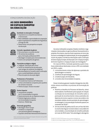 34 DIRIGIR & FORMAR
Qualidade na educação e formação
•	Impulsionar as competências básicas
e transversais
•	Maismobilidadeeoportunidadesdecooperação
•	Apoioàaquisiçãodecompetênciaslinguísticas
aolongodavida
•	Desenvolver uma perspetiva europeia
da educação
Inclusão e igualdade de género
•	Percursos para o sucesso escolar
•	50 centros de excelência
para a formação profissional (VET)
•	Abordagem europeia para microcredenciais
•	Ensino com perspetiva de género
Transições ecológica e digital
•	Coligação "Educação pelo Clima"
•	Tornar as infraestruturas da educação
mais amigas do ambiente (ecológicas)
•	RecomendaçãodoConselhosobreaeducação
para a sustentabilidade ambiental
•	Plano de ação de educação digital
Professores e Formadores
•	25 Academias Erasmus de Professores
•	Linhas orientadoras europeias para quadros
de carreiras nacionais
•	Prémio Europeu “Ensino Inovador”
Ensino Superior
•	Lançamento completo
de 41 Universidades Europeias
•	Desenvolvimento de um Diploma europeu
•	Estatuto legal para a aliança
de Universidades Europeias
•	Erasmus+ Mobile App
Dimensão geopolítica
•	Abordagem Team Europe
•	Fortalecer a cooperação
com parceiros globais estratégicos
•	ExpandiradimensãointernacionaldoErasmus+
Fonte: Comissão Europeia, Achieving the European Education Area by 2025,
Factsheet (consulta em janeiro 2020)
TEMA DE CAPA
Asoutrasinstituiçõeseuropeias,Estados-membroseorga-
nizações interessadas em geral acolheram favoravelmente a
proposta.Noentanto,reservasforamexpressasemtornodas
lacunasnaestratégiadeimplementação,doescopogeográfico
incertodoprojetoedafaltadeinformaçõessobreainteração
dofuturoEspaçoEuropeudaEducaçãocomoEspaçoEuropeu
de Ensino Superior e o Espaço Europeu da Investigação.14
Em maio de 2018, a Comissão apresentou quatro inicia-
tivas emblemáticas destinadas a tornar o EEE uma realidade
em 2025, a saber:
1.	 o reconhecimento mútuo de diplomas e períodos de
aprendizagem no exterior;
2.	 a melhoria da aprendizagem de línguas;
3.	 o Cartão Europeu do Estudante;
4.	 a iniciativa das Universidades Europeias.
Essas iniciativas geraram reações divergentes dos dife-
rentes atores envolvidos no processo de formulação de
políticas:
•	 Perante os desafios do Processo de Bolonha, vários
observadores manifestaram preocupação em relação
à ambição da recomendação do Conselho sobre a
promoção do reconhecimento mútuo automático de
diplomas de ensino superior e ensino secundário e de
resultados obtidos durante períodos de aprendizagem
noestrangeiro.Arecomendaçãofinalmentepassouem
novembro de 2018;15
•	 Um documento de política da UE com um foco tão forte
noensinodaslínguasnoensinobásicoesecundáriofoi
umanovidade,arecomendaçãodoConselhopublicada
em maio de 2019 sobre “Uma abordagem abrangente
14 https://ec.europa.eu/info/research-and-innovation/strategy/era_pt
15 https://eur-lex.europa.eu/legal-content/PT/ALL/?uri=CELEX%3A52018DC0270
ESPAÇO EUROPEU DA EDUCAÇÃO
AS SEIS DIMENSÕES
DO ESPAÇO EUROPEU
DA EDUCAÇÃO
 