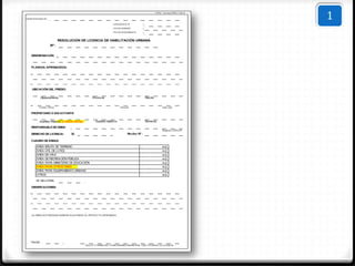 MUNICIPALIDAD DE:

                                                                  EXPEDIENTE Nº
                                                                                                          FUHU - Licencia (PAG. 5 de 5)

                                                                                                                                          1
                                                                                           :
                                                                  FECHA EMISIÓN            :
                                                                  FECHA VENCIMIENTO        :

                          RESOLUCIÓN DE LICENCIA DE HABILITACIÓN URBANA
                    Nº:


    DENOMINACIÓN:



    PLANO(S) APROBADO(S):




    UBICACIÓN DEL PREDIO:


             Departamento                         Provincia                                    Distrito


          Fundo / Otros                                                 Parcela                                 Sub Lote

    PROPIETARIO O SOLICITANTE:

          Apellido Paterno (o Razón Social)          Apellido Materno                          Nombres

    RESPONSABLE DE OBRA:
                                                                                                                Registro CAP/CIP
    DERECHO DE LICENCIA:          S/.                                        Recibo Nº :

    CUADRO DE ÁREAS:

        ÁREA BRUTA DE TERRENO                                                                                   m2.
        ÁREA ÚTIL DE LOTES                                                                                      m2.
        ÁREA DE VÍAS                                                                                            m2.
        ÁREA DE RECREACIÓN PÚBLICA                                                                              m2.
        ÁREA PARA MINISTERIO DE EDUCACIÓN                                                                       m2.
        ÁREA PARA OTROS FINES                                                                                   m2.
        ÁREA PARA EQUIPAMIENTO URBANO                                                                           m2.
        OTROS                                                                                                   m2.
        Nº DE LOTES:

    OBSERVACIONES:




    LA OBRA AUTORIZADA DEBERÁ AJUSTARSE AL PROYECTO APROBADO




    Fecha:
                                              SELLO Y FIRMA DEL FUNCIONARIO MUNICIPAL QUE OTORGA LA LICENCIA
 