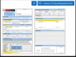 8                 FU – Anexo D (Autoliquidación)
                                                                                                                                                                                                                                                                                        FORMULARIO ÚNICO - ANEXO "D"
                                                                                                                           (Sello y Firma)
                                                                                                                                                                          5. CUADRO DE DETALLE DE PAGOS DE DERECHOS:

                                                                                                                                                                                          DESCRIPCIÓN                      PORCENTAJE                         VALOR UIT (S/.)                      MONTO (S/.)
                                                                                                                                                                                                                            APLICABLE
         FORMULARIO ÚNICO - ANEXO "D"                                                                                                                                       LICENCIA DE EDIFICACIÓN                                            %
                                                                                 Municipalidad de:                                                                          MULTA - CONSTRUCCIÓN S/LIC.                                        %
                     AUTOLIQUIDACIÓN                                             Nº de Expediente:                                                                          HABILITACIÓN URBANA                                                %

                                                                                                     Llenar con letra de imprenta y marcar con X lo que corresponda
                                                                                                                                                                            PAGO TOTAL (S/.)

1. TIPO DE TRÁMITE                                                                                                                                                         U.I.T. Unidad Impositiva Tributaria


          LICENCIA DE HABILITACIÓN URBANA                              LICENCIA DE EDIFICACIÓN                                  LICENCIA TEMPORAL

                                                                                                                                                                          6. DECLARACIÓN Y FIRMAS:                                                                    DÍA               MES              AÑO
 1.1 MODALIDAD DE APROBACIÓN
     A    APROBACIÓN AUTOMÁTICA                CON                                                           B       APROBACIÓN CON FIRMA DE
                                                                                                                                                                            Los suscritos declaramos que la información que proporcionada se presume cierta y verdadera, en aplicación del
          FIRMA DE PROFESIONALES                                                                                     PROFESIONALES RESPONSABLES                             numeral 1.7 del Artículo IV de la Ley N° 27444, Ley de procedimiento Administrativo General.

     C    APROBACIÓN CON EVALUACIÓN                      Revisores Urbanos                                   D       APROBACIÓN CON EVALUACIÓN PREVIA                                   Responsable de Obra                                                                     Solicitante
          PREVIA DE PROYECTOS POR                                                                                    DE COMISIONES TÉCNICAS
                                                         Comisión Técnica


2. SOLICITANTE:                                                                                            Persona Natural                   Persona Jurídica



          Apellido Paterno (ó Razón Social)                            Apellido Materno                                              Nombres
                                                                                                                                                                                            Firma y Sello                                                                         Firma

              DNI / CE                                                                                                                                                    Fecha:
 Dom icilio
                                                                                                                                                                           Los firmantes deben visar la hoja anterior de este formulario, al pie de su anverso.

                 Departamento                                                  Provincia                                                     Distrito                     7. OBSERVACIONES:

          Urbanización /A.H. / Otro              Mz      Lote Sub Lote                   Av / Jr. / Calle / Pasaje                               Nº        Int.



3. UBICACIÓN DEL TERRENO:


                 Departamento                                                  Provincia                                                     Distrito


          Urbanización /A.H. / Otro              Mz      Lote Sub Lote                   Av / Jr. / Calle / Pasaje                               Nº        Int.


4. FECHA DE INICIO DE LA OBRA:                                                                                       Día             Mes                Año


 4.1 TIPO DE OBRA Y VALOR ESTIMADO                              (Cuando exista más de un tipo de obra, marcar los que correspondan)
El valor estimado de la obra se obtiene de la siguiente forma: Para edificación nueva o ampliación, en base a los Valores
Unitarios Oficiales de Edificación, actualizados de acuerdo a los índices aprobados por el INEI. Para remodelación,
reparación y modificación, en base al presupuesto estimado de la obra. Para demolición, en base a los Valores Unitarios
Oficiales de Edificación actualizados, aplicando la máxima depreciación por antigüedad y estado de conservación.
La Municipalidad entregará, junto con el Formulario Único, el Cuadro de Valores Unitarios Oficiales de Edificación actualizado.
       Tipo de Obra                      Und               Área                 Valor Unitario (S/.)                  SubTotal o Presupuesto Estimado (S/.)
  EDIFICACIÓN NUEVA                       m2
  AMPLIACIÓN                              m2                                                                                                                              8. CONSTANCIA DE PAGO:
  REMODELACIÓN                            m2        (No corresponde)             (No corresponde)
  REFACCIÓN                               m2        (No corresponde)             (No corresponde)                                                                                                                                                                                               Tesorería
  ACONDICIONAMIENTO                       m2        (No corresponde)             (No corresponde)                                                                                                                DÍA           MES          AÑO
  PUESTA EN VALOR                         m2        (no corresponde)             (no corresponde)
  CERCADO                                 ml        (no corresponde)             (no corresponde)
  DEMOLICIÓN (*)                          m2
                                                                                                                                                                               Nº DE RECIBO            :
  OTROS                                   M2
  VALOR TOTAL (**)
                                                                                                                                                                               MONTO (S/.)             :
  (*) De tratarse de demolición parcial: consignar valores de la edificación remanente
 (**) No aplicable para calcular tasas y derechos
                                                                                                                                                                                                                                                                                               Firma y Sello
 