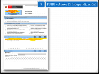 (Sello y Firma)
                                                                                                                  9               FUHU – Anexo E (Independización)
        FORMULARIO UNICO DE
    HABILITACIÓN URBANA - FUHU                                Municipalidad de:
              ANEXO "E"
        SOLICITUD DE INDEPENDIZACIÓN                          Nº de Expediente:
            DE TERRENO RÚSTICO

                                                              Llenar con letra de imprenta y marcar con X lo que corresponda
1. SOLICITUD DE INDEPENDIZACIÓN DE TERRENO RÚSTICO:

 1.1 TIPO DE TRÁMITE:
      INDEPENDIZACIÓN DE TERRENOS RÚSTICOS

      INDEPENDIZACIÓN DE TERRENOS RÚSTICOS Y HABILITACIÓN URBANA


 1.2 DOCUMENTOS QUE SE ADJUNTAN:                  (Marcar con X en el casillero que corresponda)


      Copia Literal de Dominio emitida por el Registro de Predios                Documento que acredite derecho a habilitar

      Vigencia de Poder emitida por Registro de Personas Jurídicas               Boletas de Habilitación de los Profesionales

      Certificado de Zonificación y Vías                                         Declaración Jurada inexistencia de feudatarios

      Plano de Ubicación y Localización del Terreno Matríz                       Plano de Planeamiento Integral
      Plano del predio rústico matríz                                            Plano de Independización
      Certificado de inexistencia de restos arqueológicos                        Memoria Descriptiva de independización
      Comprobante de pago por derecho de trámite                                 Otros:



2. DE LA DECLARACIÓN Y FIRMAS:                                                        DÍA                MES              AÑO

 Los suscritos declaramos que la información y documentación que presentamos se presumen ciertas y verdaderas, en
 aplicación del numeral 1.7 del Articulo IV de la Ley N° 27444, Ley del Procedimiento Administrativo General.
      Profesional Responsable del Diseño                                            Solicitante




                Firma y Sello                                                         Firma


3. DE LA APROBACIÓN                                                                   DÍA                MES              AÑO

 Resolución Nº :
 Planos de Independización Nº:
 Nº de parcelas que se autoriza:

 Anotaciones:




                                                          Sello y Firma del Funcionario Municipal que aprueba
 