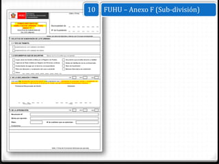 (Sello y Firma)
                                                                                                               10              FUHU – Anexo F (Sub-división)
          FORMULARIO ÚNICO DE
    HABILITACION URBANA - FUHU                           Municipalidad de:
                ANEXO "F"
          SOLICITUD DE SUBDIVISIÓN DE                    Nº de Expediente:
              DE LOTE URBANO

                                                  Llenar con letra de imprenta y marcar con X lo que corresponda
1. SOLICITUD DE SUBDIVISIÓN DE LOTE URBANO :

 1.1 TIPO DE TRÁMITE:

      SUBDIVISIÓN DE LOTE URBANO CON OBRAS

      SUBDIVISIÓN DE LOTE URBANO SIN OBRAS



 1.2 DOCUMENTOS QUE SE ADJUNTAN:                  (Marcar con X en el casillero que corresponda)


      Copia Literal de Dominio emitida por el Registro de Predios                Documento que acredite derecho a habilitar

      Vigencia de Poder emitida por Registro de Personas Jurídicas               Boleta de Habilitación de los profesionales
      Comprobante de pago por el derecho correspondiente                         Plano de Subdivisión

      Plano de Ubicación y Localización del Lote a subdividir                    Memoria Descriptiva de subdivisión

      Otros:


2. DE LA DECLARACIÓN Y FIRMAS:                                                        DÍA               MES           AÑO

 Los suscritos declaramos que la información y documentación que presentamos se presumen ciertas y verdaderas, en
 aplicación del numeral 1.7 del Articulo IV de la Ley N° 27444, Ley del Procedimiento Administrativo General.
      Profesional Responsable del Diseño                                            Solicitante




                Firma y Sello                                                         Firma




3. DE LA APROBACIÓN:                                                                  DÍA               MES           AÑO


 Resolución Nº :

 Obras por ejecutar:

 Plazo:                                           Nº de sublotes que se autorizan:

 Anotaciones:




                                                          Sello y Firma del Funcionario Municipal que aprueba
 