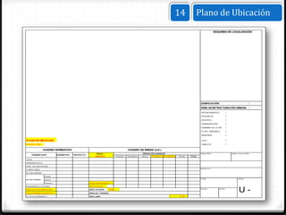14                Plano de Ubicación
                                                                                                                                                                         ESQUEMA DE LOCALIZACIÓN




                                                                                                                                                          ZONIFICACIÓN                                    :
                                                                                                                                                          ÁREA DE ESTRUCTURACIÓN URBANA                       :
                                                                                                                                                          DEPARTAMENTO               :
                                                                                                                                                          PROVINCIA                  :
                                                                                                                                                          DISTRITO                   :
                                                                                                                                                          URBANIZACIÓN               :
                                                                                                                                                          NOMBRE DE LA VÍA           :
                                                                                                                                                          Nº DEL INMUEBLE            :
                                                                                                                                                          MANZANA                    :
PLANO DE UBICACIÓN                                                                                                                                        LOTE                       :
ESCALA 1/500                                                                                                                                              SUBLOTE                    :

                CUADRO NORMATIVO                                                         CUADRO DE ÁREAS (m2.)
                                                          PISOS /                                     ÁREAS DECLARADAS                                    FIRMA PROP.:                   FIRMA Y SELLO PROY.:
     PARÁMETROS              NORMATIVO   PROYECTO
                                                         NIVELES             Existente   Demolición   Nueva   Ampliacion Remodelacion   Parcial   TOTAL
USOS
DENSIDAD NETA

COEF. DE EDIFICACIÓN
                                                                                                                                                          PROYECTO:
% ÁREA LIBRE
ALTURA MÁXIMA
                 Frontal
                                                                                                                                                          PLANO:                               LÁMINA:
RETIRO MÍNIMO    Lateral
                 Posterior                          PISOS SUPERIORES (*)
ALINEAMIENTO FACHADA                                ÁREA PARCIAL
AREA DE LOTE NORMATIVO

FRENTE MINIMO NORMATIVO
                                                    ÁREA TECHADA

                                                    ÁREA DEL TERRENO
                                                                     TOTAL                                                                                ESCALA:           FECHA:
                                                                                                                                                                                                U-
Nº ESTACIONAMIENTO                                  ÁREA LIBRE                                                                 (         ) %
 