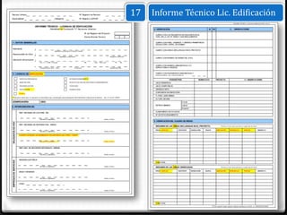 Revisor Urbano:
Especialidad:                                                      Categoría:
                                                                                                  Nº Registro de Revisor:

                                                                                                  Nº Registro CAP/CIP:
                                                                                                                                                         17   Informe Técnico Lic. Edificación
                                                                                                                                                                                                                                                            INFORME TÉCNICO - Licencia de Edificación (PAG. 2 de 3)

                                          INFORME TÉCNICO - LICENCIA DE EDIFICACIÓN
                                                             (Modalidad de Áprobación "C" Revisores Urbanos)                                                  4. VERIFICACIÓN:                                          SI   NO                       (*)   OBSERVACIONES

                                                                                                        Nº de Registro del Proyecto:
                                                                                                                                                               CUMPLE CON LOS REQUISITOS ESTABLECIDOS EN EL
                                                                                                        Fecha Informe Técnico:                                 TUPA, EN LA LEY Nº 29090 Y SUS REGLAMENTOS


1. DATOS GENERALES:                                                                                                                                            CUMPLE CON ÁREA, LINDEROS Y MEDIDAS PERIMÉTRICAS
                                                                                                                                                               SEGÚN COPIA LITERAL DE DOMINIO

Solicitante                               :                                                                                                                    CUMPLE CON ÁREAS DECLARADAS EN EL PROYECTO
                                                                   Apellidos y Nombres ó Razón Social
Responsable de Obra                       :
                                                                           Apellidos y Nombres                                      Registro CAP/CIP
                                                                                                                                                               CUMPLE CON NORMAS DE DISEÑO DEL R.N.E.
Ubicación del proyecto :
                                               Av / Jr. / Calle / Pasaje                                Mz        Lote Sub Lote              Nº   Int.

                                                                                                                                                               CUMPLE CON NORMAS URBANÍSTICAS Y/O
                                               Urbanización /A.H. / Otro                    Provincia                               Departamento               EDIFICATORIAS VIGENTES


2. LICENCIA DE EDIFICACIÓN:                                                                                                                                    CUMPLE CON PARÁMETROS URBANÍSTICOS Y
                                                                                                                                                               EDIFICATORIOS DEL CERTIFICADO N:

                         EDIFICACIÓN NUEVA                                            ACONDICIONAMIENTO *
                                                                                                                                                                                PARÁMETROS                     NORMATIVO          PROYECTO                                  (*) OBSERVACIONES
                         AMPLIACIÓN                                                   PUESTA EN VALOR HISTÓRICO MONUMENTAL                                     USOS PERMITIDOS
                         REMODELACIÓN                                                 CERCADO                                                                  USOS COMPATIBLES
                         REFACCIÓN *                                                  DEMOLICIÓN                                                               DENSIDAD NETA
                                                                                                                                                               COEFICIENTE DE EDIFICACIÓN
                         OTROS
                                                                                                                                                               % ÁREA LIBRE MÍNIMO
* Sólo para obras que se ejecuten en inmuebles que constituyan parte integrante del Patrimonio Cultural de la Nación - Art. 9º Ley N° 29090
                                                                                                                                                               ALTURA MÁXIMA
ZONIFICACIÓN:                                   USO:                                                                                                                                        Frontal
                                                                                                                                                               RETIROS MÍNIMOS              Lateral
3. INTERVENCIÓN DE:
                                                                                                                                                                                            Posterior
                                                                                                                                                               ALINEAMIENTO DE FACHADA
                         INST. NACIONAL DE CULTURA - INC
                                                                                                                                                               Nº DE ESTACIONAMIENTOS

                                               Nombre y Apellidos                                                            Sello y Firma
                                                                                                                                                              5. VERIFICACIÓN DEL CUADRO DE ÁREAS:
 DELEGADOS AD-HOC




                         INST. NACIONAL DE DEFENSA CIVIL - INDECI
                                                                                                                                                               RESUMEN DE LAS ÁREAS DECLARADAS EN EL PROYECTO:                           (Sumar y restar áreas por pisos y según tipo de obra)

                                                                                                                                                               PISOS /NIVELES           EXISTENTE       DEMOLICIÓN   NUEVA         AMPLIACIÓN         REMODELAC.            PARCIAL              OBSERV.(*)
                                               Nombre y Apellidos                                                            Sello y Firma

                         CUERPO GENERAL DE BOMBEROS VOLUNTARIOS DEL PERU - CGBVP


                                               Nombre y Apellidos                                                            Sello y Firma


                         INST. NAC. DE RECURSOS NATURALES - INRENA



                                               Nombre y Apellidos                                                            Sello y Firma


                         ENERGÍA ELÉCTRICA
 EMPRESAS DE SERVICIOS




                                                                                                                                                               Á REA TOTAL

                                               Nombre y Apellidos                                                            Sello y Firma                     RESUMEN DE LAS ÁREAS VERIFICADAS:                                         (Sumar y restar áreas por pisos y según tipo de obra)

                                                                                                                                                               PISOS /NIVELES           EXISTENTE       DEMOLICIÓN   NUEVA         AMPLIACIÓN         REMODELAC.            PARCIAL              OBSERV.(*)
                         AGUA Y DESAGUE



                                               Nombre y Apellidos                                                            Sello y Firma


                         OTRO:



                                               Nombre y Apellidos                                                            Sello y Firma




                                                                                                                                                               Á REA TOTAL

                                                                                                                                                                                                                             (*) De requerir mayor espacio, deberá continuar en el item:   6.- OBSERVACIONES
 