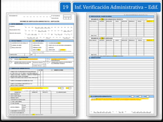 19                         Inf. Verificación Administrativa – Edif.
                                                                                                                                                                                                                                                            INF. VERIFICACIÓN ADMINISTRATIVA - Edificación (PAG. 2 de 2)
Municipalidad de:                                                                                        Nº de Expediente:
                                                                                                                                                                         5. VERIFICACIÓN DEL CUADRO DE ÁREAS:
                                                                                                         Fecha Informe:
                                                                                                                                                                            RESUMEN DE LAS ÁREAS DECLARADAS EN EL PROYECTO:                                       (Sumar y restar áreas por pisos y según tipo de obra)

                        INFORME DE VERIFICACIÓN ADMINISTRATIVA - EDIFICACIÓN                                                                                             PISOS / NIVELES       EXISTENTE        DEMOLICIÓN            NUEVA          AMPLIACIÓN         REMODELAC.            PARCIAL                 OBSERV. (*)


1.- DATOS GENERALES:

Propietario                        :
                                                              Apellidos y Nombres ó Razón Social

Responsable de Obra                :
                                                                     Apellidos y Nombres                                                  Registro CAP/CIP

Ubicación del proyecto             :
                                         Av / Jr. / Calle / Pasaje                                       Mz         Lote Sub Lote                Nº     Int.
                                                                                                                                                                            ÁREA TOTAL


                                         Urbanización /A.H. / Otro                        Provincia                                       Departamento                      RESUMEN DE LAS ÁREAS VERIFICADAS:                                       (Sumar y restar áreas por pisos y según tipo de obra)

                                                                                                                                                                         PISOS / NIVELES       EXISTENTE        DEMOLICIÓN            NUEVA          AMPLIACIÓN         REMODELAC.              PARCIAL               OBSERV. (*)
2.- TIPO DE TRÁMITE:                                   2.1.- TIPO DE OBRA:
      ANTEPROYECTO EN CONSULTA                         EDIFICACIÓN NUEVA                          ACONDICIONAMIENTO (*)

      LICENCIA DE OBRA                                 AMPLIACIÓN                                 PUESTA EN VALOR HISTORICO MONUMENTAL

      REGULARIZACIÓN                                   REMODELACIÓN                               CERCADO

                                                       REFACCIÓN (*)                              DEMOLICIÓN                       OTROS
                                                   (*) Sólo para obras que se ejecutan en inmuebles que constituyen parte integrande del Patrimonio Cultural de

                                                      la Nación - Art. 9º Ley Nº 29090

ZONIFICACIÓN:                                   USO                                                                                                                         ÁREA TOTAL
                                                                                                                                                                            (*) De requerir mayor espacio, deberá continuar en el item: 6.- OBSERVACIONES
3.- MODALIDAD DE APROBACIÓN:                                                                                                                                             6.- OBSERVACIONES:
     A     APROBACIÓN CON FIRMA DE PROFESIONALES                                                   B     CON FIRMA DE PROFESIONALES
                                                                                                         RESPONSABLES
     C     APROBACIÓN CON EVALUACIÓN                   Revisores Urbanos                           D     APROBACIÓN CON EVALUACIÓN PREVIA
           PREVIA DE PROYECTOS POR                                                                       DE COMISIONES TÉCNICAS

                                                       Comisión Técnica

4.- VERIFICACIÓN ADMINISTRATIVA:
                                                                       SI    NO                          (*)    OBSERVACIONES
  CUMPLE CON LOS REQUISITOS ESTABLECIDOS EN
  EL TUPA, EN LA LEY Nº 29090 Y SUS REGLAMENTOS
  CUMPLE CON ÁREA, LINDEROS Y MEDIDAS PERIMÉTRICAS
  SEGÚN COPIA LITERAL DE DOMINIO
  CUMPLE CON ÁREAS DECLARADAS EN EL PROYECTO

  CUMPLE CON NORMAS DE DISEÑO DEL R.N.E.

  CUMPLE CON NORMAS URBANÍSTICAS Y/O
  EDIFICATORIAS VIGENTES

  CON CERTIFICADO DE PARÁMETROS URBANISTICOS Y EDIFICATORIOS:                                                               SI                   NO
  N° DE CERTIFICADO:

            PARÁMETROS                              NORMATIVO                    PROYECTO                             (*)   OBSERVACIONES

  USOS PERMITIDOS
  USOS COMPATIBLES                                                                                                                                                                                                                                                      DIA
                                                                                                                                                                         7. DE LA VERIFICACIÓN ADMINISTRATIVA:                                                                              MES                AÑO
  DENSIDAD NETA
                                                                                                                                                                             Los suscritos declaramos que la información y documentación que presentamos se presumen ciertas y verdaderas, en
  COEFICIENTE DE EDIFICACIÓN                                                                                                                                                aplicación del numeral 1.7 del Artículo IV de la ley N° 27444, Ley de Procedimiento Administrativo General.
  % ÁREA LIBRE MÍNIMO
  ALTURA MÁXIMA
                             Frontal
  RETIROS MÍNIMOS            Lateral
                             Otros
  ALINEAMIENTO DE FACHADA
  Nº DE ESTACIONAMIENTOS                                                                                                                                                          Firma y Sello del Técnico que verifica                      CAP / CIP                           Firma y Sello del Funcionario Municipal

(*) De requerir mayor espacio, deberá continuar en el item: 6.- OBSERVACIONES
 