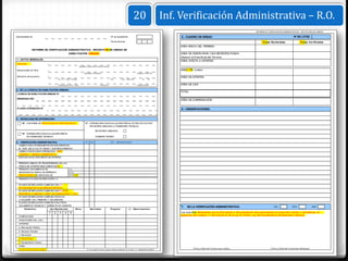 20                       Inf. Verificación Administrativa – R.O.
                                                                                                                                                                                                                                        INFORME DE VERIFICACIÓN ADMINISTRATIVA - RECEPCIÓN DE OBRAS

Municipalidad de:                                                                                                    Nº de Expediente:                                      5.- CUADRO DE ÁREAS:                                                                            Nº DE LOTES:
                                                                                                                     Fecha Informe:                                                                                                          Áreas Declaradas                     Áreas Verificadas
                                                                                                                                                                            ÁREA BRUTA DEL TERRENO
                  INFORME DE VERIFICACIÓN ADMINISTRATIVA - RECEPCIÓN DE OBRAS DE
                                                                  HABILITACIÓN URBANA                                                                                       ÁREA DE CESIÓN PARA VIAS METROPOLITANAS
                                                                                                                                                                            (Deducir al Área Bruta del Terreno)
1.- DATOS GENERALES:
                                                                                                                                                                            ÁREA AFECTA A APORTES
Solicitante                             :
                                                                                Apellidos y Nombres ó Razón Social

Responsable de Obra                     :                                                                                                                                   ÁREA ÚTIL (Lotes)
                                                                                      Apellidos y Nombres                                         Registro CAP/CIP
Ubicación del proyecto                  :                                                                                                                                   ÁREA DE APORTES
                                                    Av / Jr. / Calle / Pasaje                                        Mz         Lote   Sub Lote        Nº    Int.


                                                    Urbanización /A.H. / Otro                           Provincia                                 Departamento              ÁREA DE VIAS

2.- DE LA LICENCIA DE HABILITACIÓN URBANA:
                                                                                                                                                                            TOTAL
LICENCIA DE HABILITACIÓN URBANA Nº:

DENOMINACIÓN :
                                                                                                                                                                            ÁREA DE COMPENSACIÓN


PLANOS APROBADOS Nº:                                                                                                                                                        6.- OBSERVACIONES:


3.- MODALIDAD DE APROBACIÓN:
     "B" CON FIRMA DE PROFESIONALES RESPONSABLES                                      "C" APROBACIÓN CON EVALUACIÓN PREVIA DE PROYECTOS POR
                                                                                          REVISORES URBANOS O COMISIONES TÉCNICAS

                                                                                                  REVISORES URBANOS
     "D" APROBACIÓN CON EVALUACIÓN PREVIA
         DE COMISIONES TÉCNICAS                                                                   COMISIÓN TÉCNICA

4.- VERIFICACIÓN ADMINISTRATIVA:                                                       SI    NO                      (*)   OBSERVACIONES
  CUMPLE CON LOS REQUISITOS ESTABLECIDOS EN
  EL TUPA, EN LA LEY Nº 29090 Y SUS REGLAMENTOS
  CUMPLE CON PLANOS APROBADOS, ÁREA,
  LINDEROS Y MEDIDAS PERIMÉTRICAS
  EFECTUÓ PAGO POR DÉFICIT DE APORTES

  PRESENTA MINUTA DE TRANSFERENCIA DE LAS
  ÁREAS DE APORTES REGLAMENTARIAS
  PRESENTA DOCUMENTOS DE                  LUZ
  RECEPCIÓN DE OBRAS DE EMPRESAS          AGUA
  PRESTADORAS DE SERVICIOS DE:            DESAG ÜE

  PRESENTA PLANOS DE REPLANTEO (1)

  PLANOS DE REPLANTEO CUMPLEN CON LO
  ESTABLECIDO EN PLAN URBANO DISTRITAL
  PLANOS DE REPLANTEO CUMPLEN CON PLAN DE
  DESARROLLO URBANO Y CERT. DE ZONIFICACIÓN Y VIAS
  PLANOS DE REPLANTEO CUMPLEN CON PLAN
  O ESQUEMA VIAL PRIMARIO Y SECUNDARIO
  PLANOS DE REPLANTEO CUMPLEN CON OTROS
  DOCUMENTOS TÉCNICOS Y NORMATIVOS VIGENTES                                                                                                                                                                                                             DÍA               MES                  AÑO
                                                                                                                                                                            7.   DE LA VERIFICACIÓN ADMINISTRATIVA:
        Parám etro                          Uso Residencial               Otros             Norm ativo               Proyecto            (*)   Observaciones
                                            1   2     3      4      5                                                                                                       Los suscritos declaramos que la información y documentación que presentamos se presumen ciertas y verdaderas, en
  ZONIFICACIÓN
                                                                                                                                                                            aplicación del numeral 1.7 del Artículo IV de la Ley N° 27444, Ley del Procedimiento Administrativo General.
  AFECTACIÓN VIAL (m2.)
  APORTES
  a- Recreación Pública
  b- Parques Zonales
  c- Educación
  d- Otros Fines
  e- Equipamiento Urbano
  OTRO:
  (1) Diferenciado del plano original                                                   (*) De requerir mayor espacio deberá inidicarlo en el item: 6.- OBSERVACIONES
                                                                                                                                                                                      Firma y Sello del Técnico que verifica                         Firma y Sello del Funcionario Municipal
 