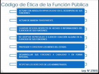 Código de Ética de la Función Pública
       ACTUAR CON ABSOLUTA IMPARCIALIDAD EN EL DESEMPEÑO DE SUS
       FUNCIONES.


       ACTUAR DE MANERA TRANSPARENTE.


       GUARDAR RESERVA RESPECTO DE HECHOS O INFORMACIONES DEL
       EJERCICIO DE SUS FUNCIONES.

       NO ADOPTAR REPRESALIAS O EJERCER COACCIÓN ALGUNA EN EL
       EJERCICIO DE SUS FUNCIONES.


       PROTEGER Y CONSERVAR LOS BIENES DEL ESTADO.


       DESARROLLAR SUS FUNCIONES A CABALIDAD Y EN FORMA
       INTEGRAL.


       RESPETAR LOS DERECHOS DE LOS ADMINISTRADOS.

                                                              Ley N° 27815
 
