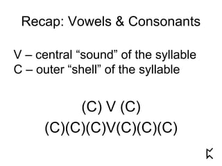 Recap: Vowels & Consonants
V – central “sound” of the syllable
C – outer “shell” of the syllable
(C) V (C)
(C)(C)(C)V(C)(C)(C)
 