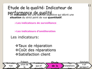 11
Etude de la qualité: Indicateur de
performance de qualitéUn indicateur est une donnée objective qui décrit une
situation du strict point de vue quantitatif.
Les indicateurs de surveillance
Les indicateurs d’amélioration
Les indicateurs:
Taux de réparation
Coût des réparations
Satisfaction client
Introduc
tion
Présent
ation de
la
Problémati
que et
Etude
de la
Plan
d’améliora
Conclusio
n et
perspecti
11
 