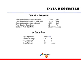 DATA REQUESTED
External Corrosion Coating Material : 3LPE 3 Layer
External Corrosion Coating Thickness : 0.157 inch.
External Corrosion Coating Density : 79.9 lb/ft3
Final Coating Breakdown : 5 %
Cathodic Protection Method : Sacrificial Anode
Corrosion Protection
Lay Barge Name : Arwana[1])
Freeboard Length : 1.8 m
Stinger Length : 25 m
Barge Tension : 60 tonne
Lay Barge Data
 