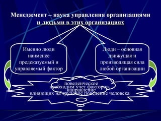 Менеджмент – наука управления организациями
и людьми в этих организациях
и людьми в этих организациях
Люди – основная
движущая и
производящая сила
любой организации
Именно люди
наименее
предсказуемый и
управляемый фактор
необходим учет факторов,
влияющих на трудовое поведение человека
поведенческое
направление
 