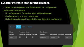 ELK User interface configuration: Kibana
• When data is imported into Elasticsearch, UI configuration
can be done using Kibana
• UI configuration is focused on what will be displayed
• Configuration is in a very natural way
• No business data model is needed before doing the configuration
 