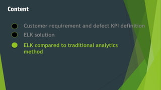 Content
Customer requirement and defect KPI definition
ELK solution
ELK compared to traditional analytics
method
 