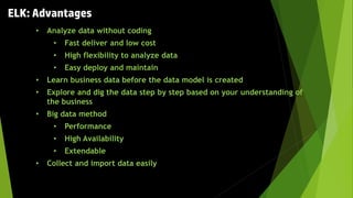ELK: Advantages
• Analyze data without coding
• Fast deliver and low cost
• High flexibility to analyze data
• Easy deploy and maintain
• Learn business data before the data model is created
• Explore and dig the data step by step based on your understanding of
the business
• Big data method
• Performance
• High Availability
• Extendable
• Collect and import data easily
 