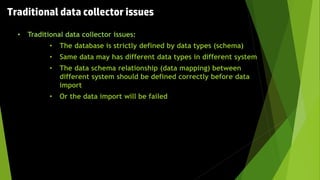• Traditional data collector issues:
• The database is strictly defined by data types (schema)
• Same data may has different data types in different system
• The data schema relationship (data mapping) between
different system should be defined correctly before data
import
• Or the data import will be failed
Traditional data collector issues
 