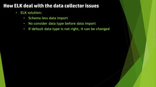 • ELK solution:
• Schema less data import
• No consider data type before data import
• If default data type is not right, it can be changed
How ELK deal with the data collector issues
 