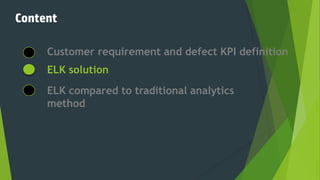Content
Customer requirement and defect KPI definition
ELK solution
ELK compared to traditional analytics
method
 