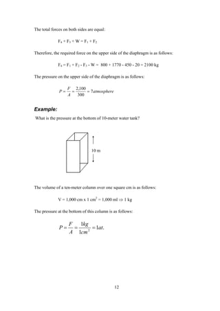 The total forces on both sides are equal:
F4 + F3 + W = F1 + F2
Therefore, the required force on the upper side of the diaphragm is as follows:
F4 = F1 + F2 - F3 - W = 800 + 1770 - 450 - 20 = 2100 kg
The pressure on the upper side of the diaphragm is as follows:
P
F
A
atmosphere= = =
2 100
300
7
,
Example:
What is the pressure at the bottom of 10-meter water tank?
10 m
The volume of a ten-meter column over one square cm is as follows:
V = 1,000 cm x 1 cm2
= 1,000 ml ⇒ 1 kg
The pressure at the bottom of this column is as follows:
.1
1
1
2
at
cm
kg
A
F
P ===
12
 