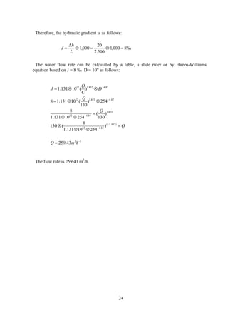 Therefore, the hydraulic gradient is as follows:
J
h
L
= ⊗ = ⊗ =
∆
1 000
20
2 500
1 000 8‰,
,
,
The water flow rate can be calculated by a table, a slide ruler or by Hazen-Williams
equation based on J = 8 ‰ D = 10" as follows:
13
)852.1/1(
87.412
852.1
87.412
87.4852.112
87.4852.112
43.259
)
25410131.1
8
(130
)
130
(
25410131.1
8
254)
130
(10131.18
)(10131.1
−
−
−
−
−
=
=
⊗⊗
⊗
=
⊗⊗
⊗⊗=
⊗⊗=
hmQ
Q
Q
Q
D
C
Q
J
The flow rate is 259.43 m3
/h.
24
 