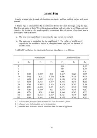 Lateral Pipe
Usually a lateral pipe is made of aluminum or plastic, and has multiple outlets with even
sections.
A lateral pipe is characterized by a continuous decline in water discharge along the pipe.
The flow rate starts at Qu (m3
/h) at the upstream end and ends up with a q1 (m3
/h) downstream
(equal to the discharge of a single sprinkler or emitter). The calculation of the head loss is
done in two steps as follows:
c. The head loss is calculated by assuming the pipe is plain (no outlets).
d. The outcome is multiplied by the coefficient F. The value of coefficient F
depends on the number of outlets, n, along the lateral pipe, and the location of
the first outlet.
A table of F coefficient for plastic and aluminum lateral pipes is as follows:
Plastic lateral Aluminum lateral
n F1 F2 F3 F1 F2 F3
2
3
4
5
10
12
15
20
25
30
40
50
100
0.469
0.415
0.406
0.398
0.389
0.384
0.381
0.376
0.374
0.369
0.337
0.35
0.352
0.355
0.357
0.358
0.359
0.36
0.361
0.362
0.41
0.384
0.0.381
0.377
0.373
0.371
0.37
0.368
0.367
0.366
0.64
0.54
0.49
0.457
0.402
0.393
0.385
0.376
0.371
0.368
0.363
0.361
0.356
0.321
0.336
0.338
0.341
0.343
0.345
0.346
0.347
0.348
0.349
0.52
0.44
0.41
0.396
0.371
0.367
0.363
0.36
0.358
0.357
0.355
0.354
0.352
1. F1 to be used when the distance from the lateral inlet to the first outlet is sl meters.
2. F2 to be used when the first outlet is just by the lateral inlet.
3. F3 to be used when the distance from the lateral inlet to the first outlet is Sl/2 meters.
26
 