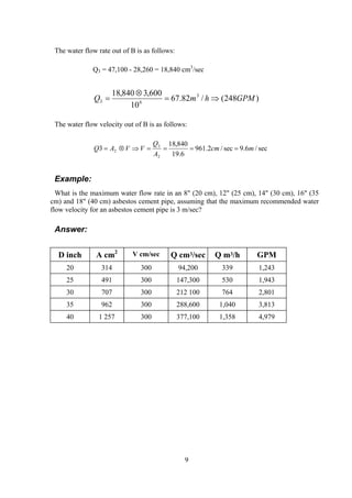 The water flow rate out of B is as follows:
Q3 = 47,100 - 28,260 = 18,840 cm3
/sec
)248(/82.67
10
600,3840,18 3
63 GPMhmQ ⇒=
⊗
=
The water flow velocity out of B is as follows:
sec/6.9sec/2.961
6.19
840,18
3
2
3
2 mcm
A
Q
VVAQ ====⇒⊗=
Example:
What is the maximum water flow rate in an 8" (20 cm), 12" (25 cm), 14" (30 cm), 16" (35
cm) and 18" (40 cm) asbestos cement pipe, assuming that the maximum recommended water
flow velocity for an asbestos cement pipe is 3 m/sec?
Answer:
D inch A cm2
V cm/sec Q cm3/sec Q m3/h GPM
20 314 300 94,200 339 1,243
25 491 300 147,300 530 1,943
30 707 300 212 100 764 2,801
35 962 300 288,600 1,040 3,813
40 1 257 300 377,100 1,358 4,979
9
 