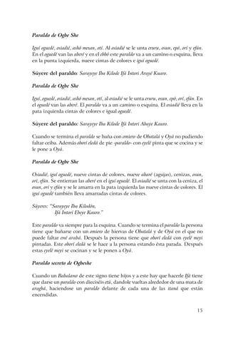 15
Paraldo de Ogbe She
Iguí oguedé, osiadié, ashó mesan, otí. Al osiadié se le unta eruru, osun, epó, orí y efún.
En el oguedé van las aberé y en el ebbó este paraldo va a un camino o esquina, lleva
en la punta izquierda, nueve cintas de colores e iguí oguedé.
Súyere del paraldo: Sarayeye Iba Kilode Ifá Intori Arayé Kuaro.
Paraldo de Ogbe She
Iguí, oguedé, osiadié, ashó mesan, otí, al osiadié se le unta eruru, osun, epó, orí, efún. En
el oguedé van las aberé. El paraldo va a un camino o esquina. El osiadié lleva en la
pata izquierda cintas de colores e igual oguedé.
Súyere del paraldo: Sarayeye Iba Kilode Ifá Intori Abaye Kauro.
Cuando se termina el paraldo se baña con omiero de Obatalá y Oyá no pudiendo
faltar ceiba. Además oborí eledá de pie -paraldo- con eyelé pinta que se cocina y se
le pone a Oyá.
Paraldo de Ogbe She
Osiadié, iguí oguedé, nueve cintas de colores, nueve abaré (agujas), cenizas, osun,
orí, efún. Se entierran las aberé en el iguí oguedé. El osiadié se unta con la ceniza, el
osun, orí y efún y se le amarra en la pata izquierda las nueve cintas de colores. El
iguí oguedé también lleva amarradas cintas de colores.
Súyeres: “Sarayeye Iba Kilodón,
Ifá Intorí Ebeye Kauro.”
Este paraldo va siempre para la esquina. Cuando se termina el paraldo la persona
tiene que bañarse con un omiero de hiervas de Obatalá y de Oyá en el que no
puede faltar ewé arabá. Después la persona tiene que oborí eledá con eyelé meyi
pintadas. Este oborí eledá se le hace a la persona estando ésta parada. Después
estas eyelé meyi se cocinan y se le ponen a Oyá.
Paraldo secreto de Ogbeshe
Cuando un Babalawo de este signo tiene hijos y a este hay que hacerle Ifá tiene
que darse un paraldo con dieciséis etú, dandole vueltas alrededor de una mata de
aragbá, haciendose un paraldo delante de cada una de las itaná que están
encendidas.
 