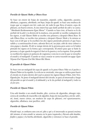 24
Paraldo de Ojuani Shobe y Obara Koso
Se hace un omiero de hojas de marañón, atiponlá, ceiba, algarrobo, paraíso,
albahaca, yagruma, aberikunlo, ewé buye, hojas de oguedé, se hace una muñeca de
trapo que se cargará con lerí, cada ewé, de todo lo que lleva el omiero, cepa de
plátano, un huevo entero, A este omiero hay que darle eyerbale de adié y se canta:
“Aberikunlo Kashewaomareo Egun Mareo”. Cuando se hace éste, al huevo se le da
eyerbale de la adié y va dentro de la muñeca, este paraldo se escribe cualquiera de
los signos, si sale Ojuani Shobe se escribe este primero y después Obara Koso. Si
sale Obara Koso, se escribe éste primero y después Ojuani Shobe y lo mismo se
hace con el obí que se lo escriben los dos signos poniendo primero el que haya
salido y a continuación el otro, además lleva otí, un jiojio, ashó de siete colores o
sino pupua y dundún. El obí se rompe detrás de la persona pero antes se le habrá
pintado los signos en la forma que corresponda. El omiero para que se bañe la
persona y el que queda lo regará el Awó en la puerta y en la esquina. Este paraldo
se escriben los signos en pedazos de yagruma y con eso es con lo que se envuelve
el osiadié y el malaguidí. Cuando se vaya a matar se canta tocando un agogo: Egun
Niyawo Ewé Niyamo Ewé Ikú Mareo Ikú Mareo.
El paraldo de Ojuani Pokon
Se hace con un malaguidí de cepa de oguedé; se le pone Otura Niko en el pecho y
Ojuani Pokon en la espalda. La vela no se enciende, sino que se utiliza para hacer
el círculo en el piso dentro del cual se ponen los signos Ojuani Pokon, Irete Yero,
Ogunda fun. Se pone el malaguidí dentro del círculo, se para al interesado y luego
del paraldo se opá el osiadié y el abeboadié y se le da eyerbale al malaguidí y todo va
al joro joro.
Paraldo de Ojuani Pokon
Una adié dundún o un osiadié dundún, efún, cenizas de algarrobo, almagre rojo,
ceniza de semillas de maravilla o de algodón, hojas de mar pacífico, ewé olu -añil-,
otí, itaná, nueve cintas, un muñeco de cepa de plátano, ewé epantamuerto,
algarrobo, albahaca, mar pacífico, añil.
Paraldo de Ojuani Pokon
Osiadié meyi, se embarra uno con orí, efún y epó y el interesado se parará encima
del mismo; el otro osiadié se amarra en la pata izquierda y llevará ashó dundún,
funfún y pupua y la hierba aberikunlo, algarrobo y entonces se hace el paraldo.
 