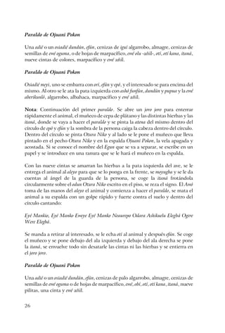 26
Paraldo de Ojuani Pokon
Una adié o un osiadié dundún, efún, cenizas de iguí algarrobo, almagre, cenizas de
semillas de ewé oguma, o de hojas de marpacífico, ewé olu -añil-, otí, otí kana, itaná,
nueve cintas de colores, marpacífico y ewé añil.
Paraldo de Ojuani Pokon
Osiadié meyi, uno se embarra con orí, efún y epó, y el interesado se para encima del
mismo. Al otro se le ata la pata izquierda con ashó funfún, dundún y pupua y la ewé
aberikunló, algarrobo, albahaca, marpacífico y ewé añil.
Nota: Continuación del primer paraldo. Se abre un joro joro para enterrar
rápidamente el animal, el muñeco de cepa de plátano y las distintas hierbas y las
itaná, donde se vaya a hacer el paraldo y se pinta la atena del mismo dentro del
círculo de epó y efún y la sombra de la persona caiga la cabeza dentro del círculo.
Dentro del círculo se pinta Otura Niko y al lado se le pone el muñeco que lleva
pintado en el pecho Otura Niko y en la espalda Ojuani Pokon, la vela apagada y
acostada. Si se conoce el nombre del Egun que se va a separar, se escribe en un
papel y se introduce en una ranura que se le hará el muñeco en la espalda.
Con las nueve cintas se amarran las hierbas a la pata izquierda del ave, se le
entrega el animal al aleyo para que se lo ponga en la frente, se moyugba y se le da
cuentas al ángel de la guarda de la persona, se coge la itaná frotándola
circularmente sobre el odun Otura Niko escrito en el piso, se reza el signo. El Awó
toma de las manos del aleyo el animal y comienza a hacer el paraldo, se mata el
animal a su espalda con un golpe rápido y fuerte contra el suelo y dentro del
círculo cantando:
Eyé Mankio, Eyé Manko Eweye Eyé Manko Neaurepo Odara Ashikuelu Elegbá Ogere
Were Elegbá.
Se manda a retirar al interesado, se le echa otí al animal y después efún. Se coge
el muñeco y se pone debajo del ala izquierda y debajo del ala derecha se pone
la itaná, se envuelve todo sin desatarle las cintas ni las hierbas y se entierra en
el joro joro.
Paraldo de Ojuani Pokon
Una adié o un osiadié dundún, efún, cenizas de palo algarrobo, almagre, cenizas de
semillas de ewé oguma o de hojas de marpacífico, ewé, obí, otí, otí kana, itaná, nueve
pilitas, una cinta y ewé añil.
 