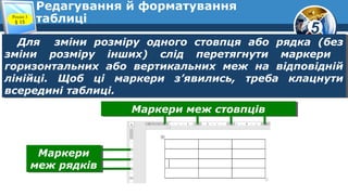 5
Редагування й форматування
таблиці
Для зміни розміру одного стовпця або рядка (без
зміни розміру інших) слід перетягнути маркери
горизонтальних або вертикальних меж на відповідній
лінійці. Щоб ці маркери з’явились, треба клацнути
всередині таблиці.
Для зміни розміру одного стовпця або рядка (без
зміни розміру інших) слід перетягнути маркери
горизонтальних або вертикальних меж на відповідній
лінійці. Щоб ці маркери з’явились, треба клацнути
всередині таблиці.
Маркери меж стовпцівМаркери меж стовпців
Маркери
меж рядків
Маркери
меж рядків
Розділ 3
§ 15
 
