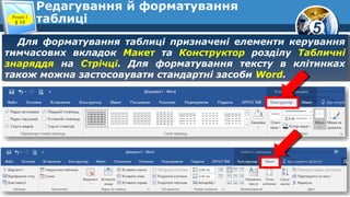 5
Редагування й форматування
таблиці
Для форматування таблиці призначені елементи керування
тимчасових вкладок Макет та Конструктор розділу Табличні
знаряддя на Стрічці. Для форматування тексту в клітинках
також можна застосовувати стандартні засоби Word.
Для форматування таблиці призначені елементи керування
тимчасових вкладок Макет та Конструктор розділу Табличні
знаряддя на Стрічці. Для форматування тексту в клітинках
також можна застосовувати стандартні засоби Word.
Розділ 3
§ 15
 
