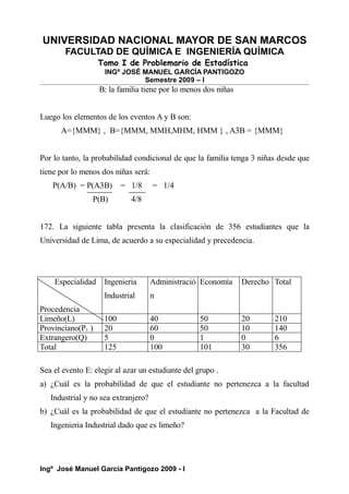 UNIVERSIDAD NACIONAL MAYOR DE SAN MARCOS
FACULTAD DE QUÍMICA E INGENIERÍA QUÍMICA
Tomo I de Problemario de Estadística
INGº JOSÉ MANUEL GARCÍA PANTIGOZO
Semestre 2009 – I
B: la familia tiene por lo menos dos niñas
Luego los elementos de los eventos A y B son:
A={MMM} , B={MMM, MMH,MHM, HMM } , A3B = {MMM}
Por lo tanto, la probabilidad condicional de que la familia tenga 3 niñas desde que
tiene por lo menos dos niñas será:
P(A/B) = P(A3B) = 1/8 = 1/4
P(B) 4/8
172. La siguiente tabla presenta la clasificación de 356 estudiantes que la
Universidad de Lima, de acuerdo a su especialidad y precedencia.
Especialidad
Procedencia
Ingenieria
Industrial
Administració
n
Economía Derecho Total
Limeño(L) 100 40 50 20 210
Provinciano(P1 ) 20 60 50 10 140
Extrangero(Q) 5 0 1 0 6
Total 125 100 101 30 356
Sea el evento E: elegir al azar un estudiante del grupo .
a) ¿Cuál es la probabilidad de que el estudiante no pertenezca a la facultad
Industrial y no sea extranjero?
b) ¿Cuál es la probabilidad de que el estudiante no pertenezca a la Facultad de
Ingenieria Industrial dado que es limeño?
Ingº José Manuel García Pantigozo 2009 - I
 