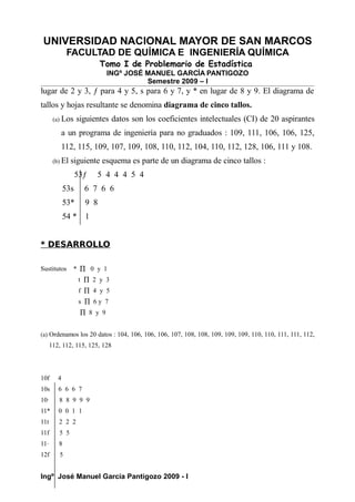 UNIVERSIDAD NACIONAL MAYOR DE SAN MARCOS
FACULTAD DE QUÍMICA E INGENIERÍA QUÍMICA
Tomo I de Problemario de Estadística
INGº JOSÉ MANUEL GARCÍA PANTIGOZO
Semestre 2009 – I
lugar de 2 y 3, ƒ para 4 y 5, s para 6 y 7, y * en lugar de 8 y 9. El diagrama de
tallos y hojas resultante se denomina diagrama de cinco tallos.
(a) Los siguientes datos son los coeficientes intelectuales (CI) de 20 aspirantes
a un programa de ingeniería para no graduados : 109, 111, 106, 106, 125,
112, 115, 109, 107, 109, 108, 110, 112, 104, 110, 112, 128, 106, 111 y 108.
(b) El siguiente esquema es parte de un diagrama de cinco tallos :
53ƒ 5 4 4 4 5 4
53s 6 7 6 6
53* 9 8
54 * 1
* DESARROLLO
Sustitutos * ∏ 0 y 1
t ∏ 2 y 3
f ∏ 4 y 5
s ∏ 6 y 7
∏ 8 y 9
(a) Ordenamos los 20 datos : 104, 106, 106, 106, 107, 108, 108, 109, 109, 109, 110, 110, 111, 111, 112,
112, 112, 115, 125, 128
10f 4
10s 6 6 6 7
10· 8 8 9 9 9
11* 0 0 1 1
11t 2 2 2
11f 5 5
11· 8
12f 5
Ingº José Manuel García Pantigozo 2009 - I
 
