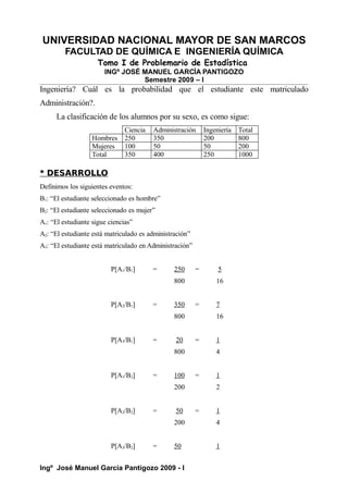 UNIVERSIDAD NACIONAL MAYOR DE SAN MARCOS
FACULTAD DE QUÍMICA E INGENIERÍA QUÍMICA
Tomo I de Problemario de Estadística
INGº JOSÉ MANUEL GARCÍA PANTIGOZO
Semestre 2009 – I
Ingeniería? Cuál es la probabilidad que el estudiante este matriculado
Administración?.
La clasificación de los alumnos por su sexo, es como sigue:
Ciencia Administración Ingeniería Total
Hombres 250 350 200 800
Mujeres 100 50 50 200
Total 350 400 250 1000
* DESARROLLO
Definimos los siguientes eventos:
B1: “El estudiante seleccionado es hombre”
B2: “El estudiante seleccionado es mujer”
A1: “El estudiante sigue ciencias”
A2: “El estudiante está matriculado es administración”
A3: “El estudiante está matriculado en Administración”
P[A1/B1] = 250 = 5
800 16
P[A2/B1] = 350 = 7
800 16
P[A3/B1] = 20 = 1
800 4
P[A1/B2] = 100 = 1
200 2
P[A2/B2] = 50 = 1
200 4
P[A3/B2] = 50 1
Ingº José Manuel García Pantigozo 2009 - I
 