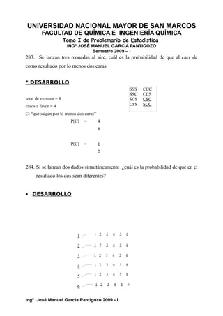 UNIVERSIDAD NACIONAL MAYOR DE SAN MARCOS
FACULTAD DE QUÍMICA E INGENIERÍA QUÍMICA
Tomo I de Problemario de Estadística
INGº JOSÉ MANUEL GARCÍA PANTIGOZO
Semestre 2009 – I
283. Se lanzan tres monedas al aire, cuál es la probabilidad de que al caer de
como resultado por lo menos dos caras
* DESARROLLO
total de eventos = 8
casos a favor = 4
C: “que salgan por lo menos dos caras”
P[C] = 4
8
P[C] = 1
2
284. Si se lanzan dos dados simultáneamente ¿cuál es la probabilidad de que en el
resultado los dos sean diferentes?
• DESARROLLO
Ingº José Manuel García Pantigozo 2009 - I
SSS CCC
SSC CCS
SCS CSC
CSS SCC
1
2
3
4
5
6
1 2 3 4 5 6
1 2 3 4 5 6
1 2 3 4 5 6
1 2 3 4 5 6
1 2 3 4 5 6
1 2 3 4 5 6
 