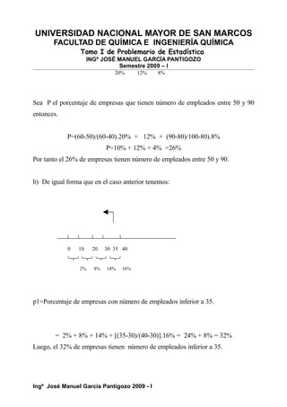 UNIVERSIDAD NACIONAL MAYOR DE SAN MARCOS
FACULTAD DE QUÍMICA E INGENIERÍA QUÍMICA
Tomo I de Problemario de Estadística
INGº JOSÉ MANUEL GARCÍA PANTIGOZO
Semestre 2009 – I
20% 12% 8%
Sea P el porcentaje de empresas que tienen número de empleados entre 50 y 90
entonces.
P=(60-50)/(60-40).20% + 12% + (90-80)/100-80).8%
P=10% + 12% + 4% =26%
Por tanto el 26% de empresas tienen número de empleados entre 50 y 90.
b) De igual forma que en el caso anterior tenemos:
0 10 20 30 35 40
2% 8% 14% 16%
p1=Porcentaje de empresas con número de empleados inferior a 35.
= 2% + 8% + 14% + [(35-30)/(40-30)].16% = 24% + 8% = 32%
Luego, el 32% de empresas tienen número de empleados inferior a 35.
Ingº José Manuel García Pantigozo 2009 - I
 